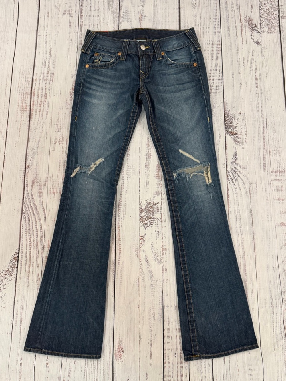 VTG True Religion Jeans Women 27 Blue Low Rise embroidered Pocket Y2K Made USA